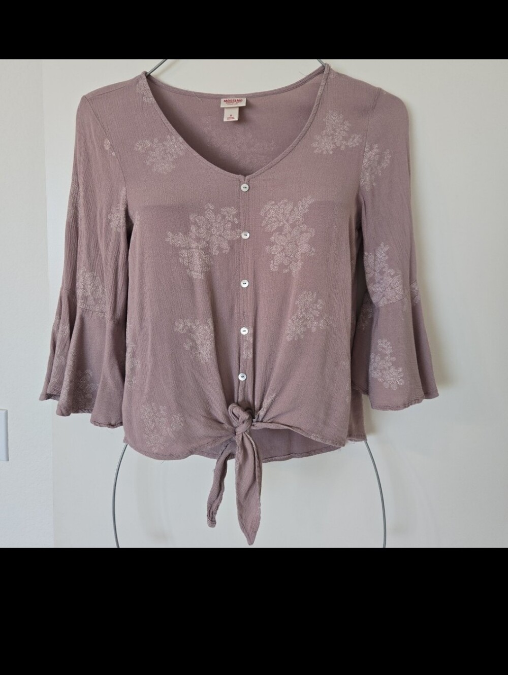 Mossimo Supply Co. Mauve Floral Tie-Front Button-Down Blouse